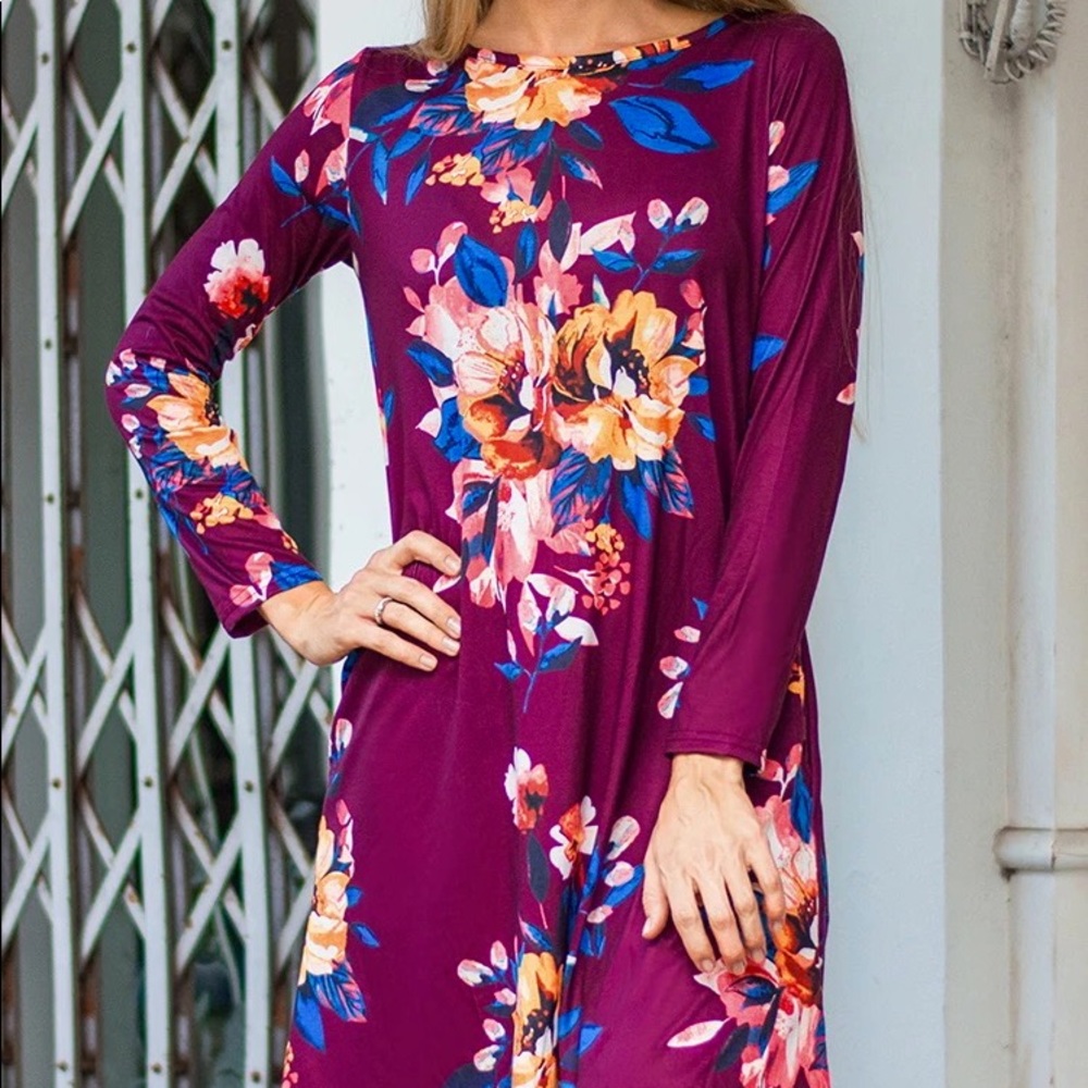 Purple Floral Print Long Sleeve Dress